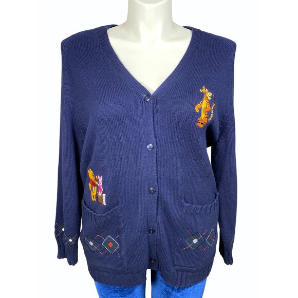 Vintage Disney Store Small Winnie The Pooh Embroidered Cardigan Sweater Navy - Picture 1 of 13
